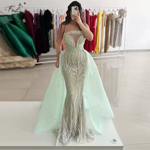 Crystal Embroidered Mermaid Dress Little Green Evening Gown With a Train Faux See-Through Neckline Cocktail Dress Customization