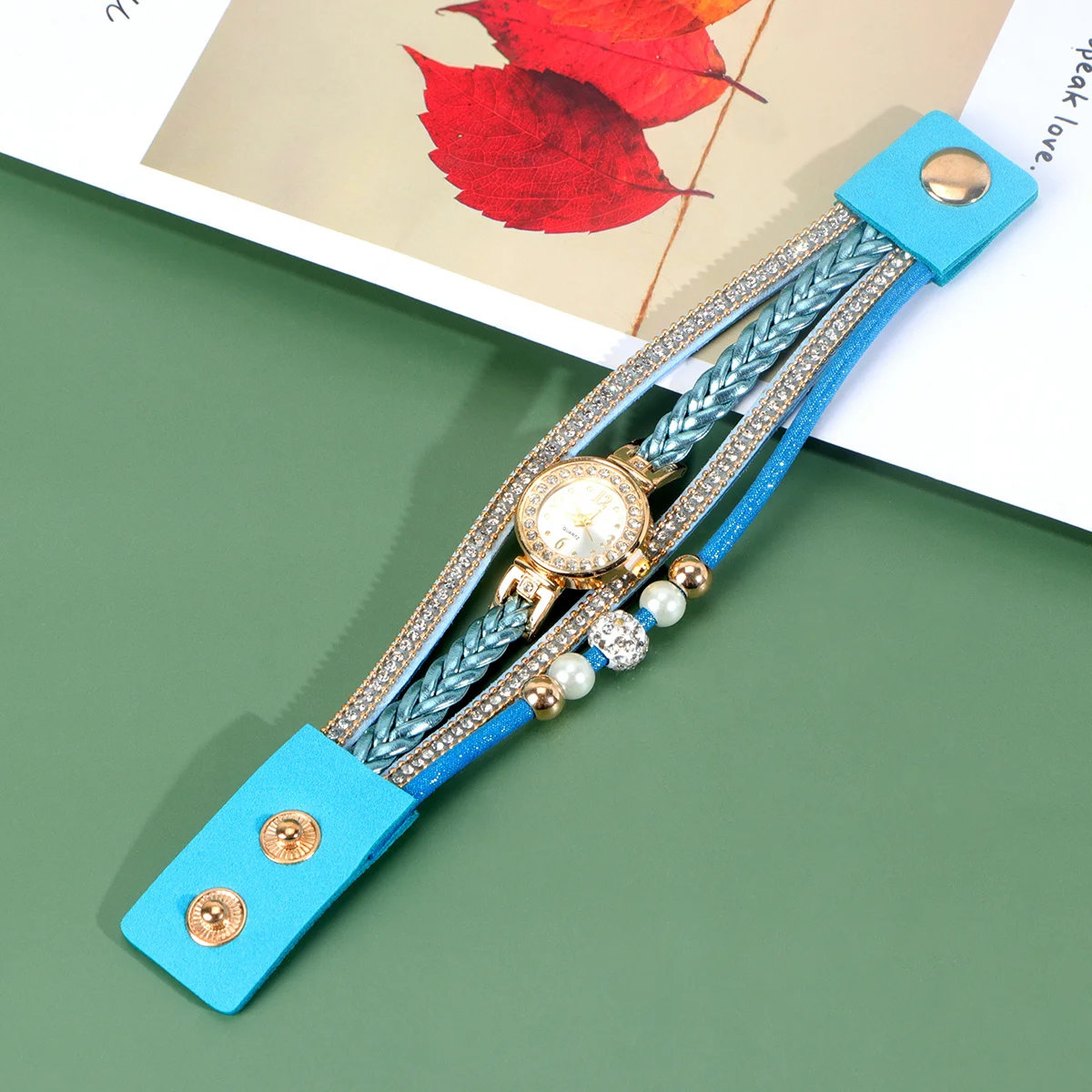 

Женские часы со стразами, синяя плетеная цепочка на запястье, точный кварцевый механизм, модный уникальный дизайн, женские часы, цепочка на запястье