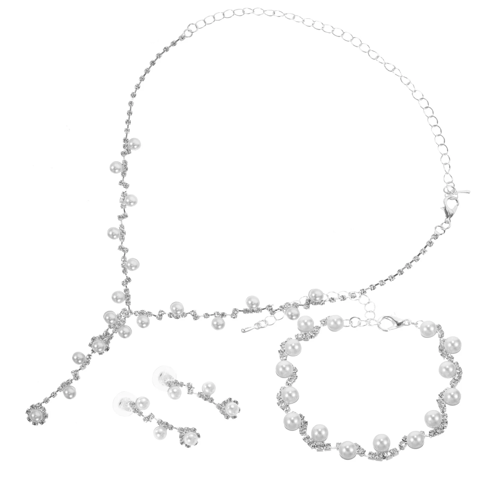 

1Set Elegant Jewelry Set Rhinestone Imitation Pearl Pendant Earrings Necklace Bracelet Fashionable Women Accessories