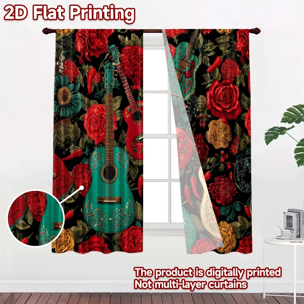 2D flat 2pcs Curtain Home Short Curtains Floral Guitars and Roses Digitally printed polyester Party & Holiday Decor for All