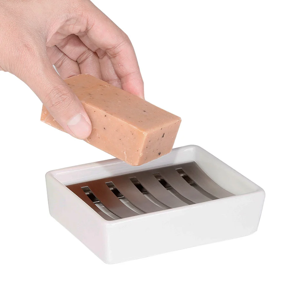 

1Pcs Soap Holder Rectangular Ceramic and Stainless Steel Detachable Dual Layer Drainage Design Ideal for Bathtub Counter Top
