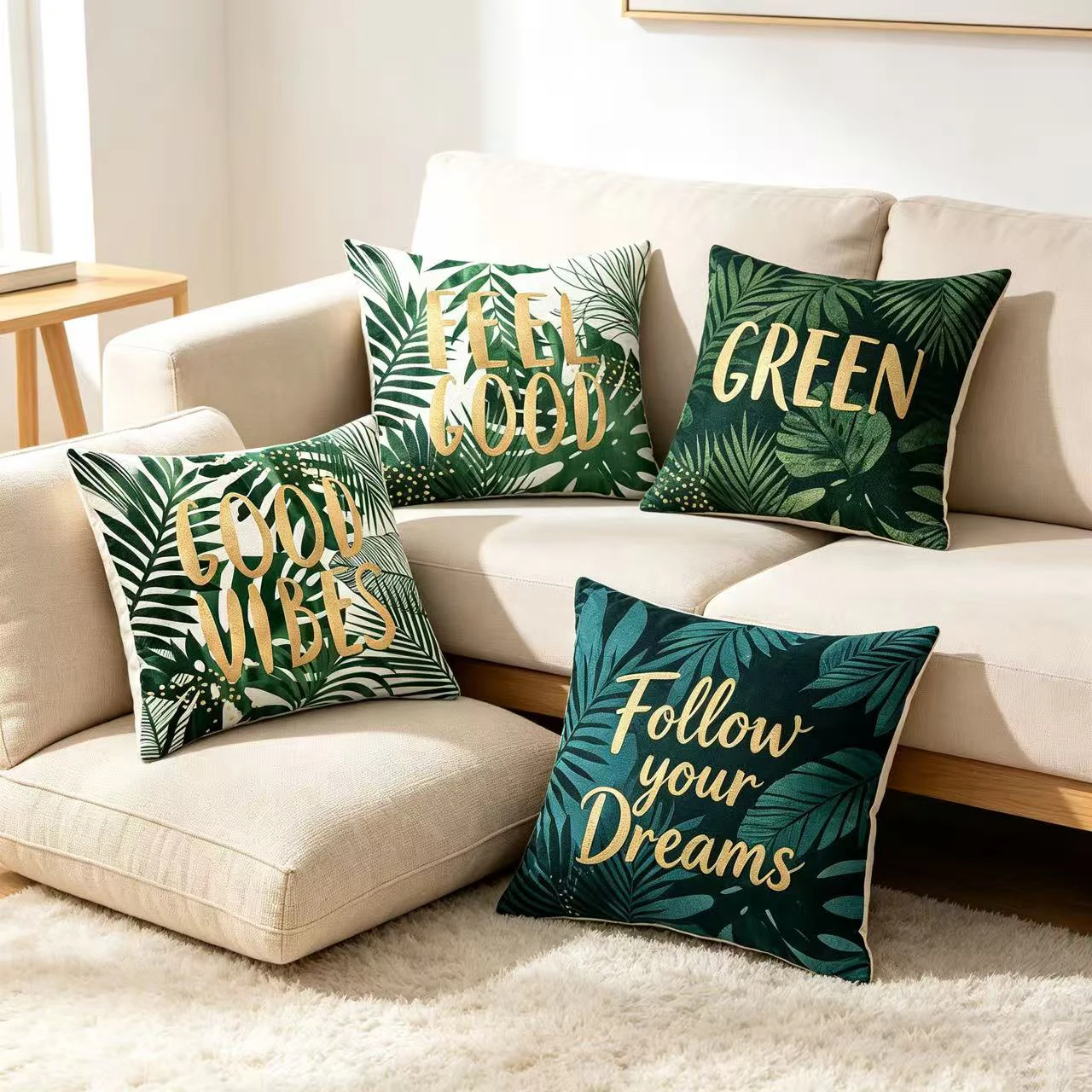 Good Vibes Feel Good Green Leaves Throw Pillow Case Pillowcase Living Room Sofa Office Seat Cushion Cover Home Gift Decor