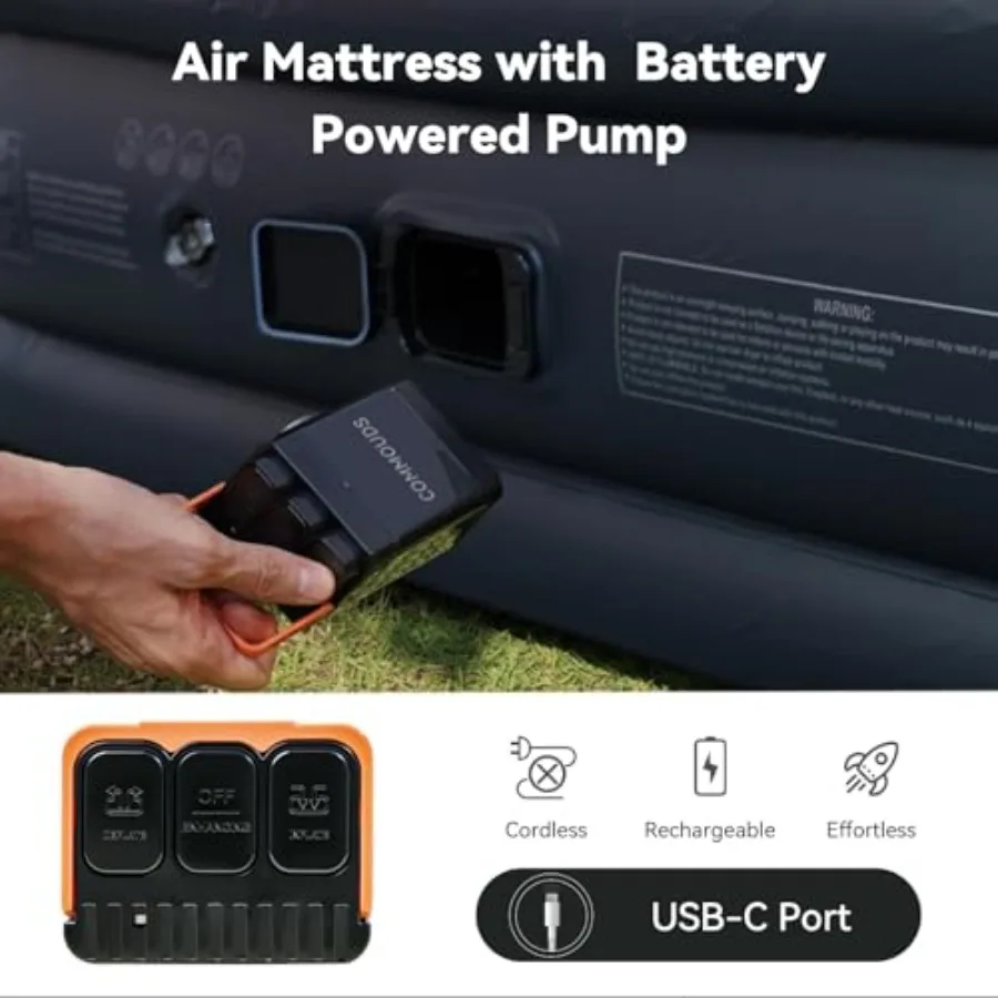Queen Air Mattress for Camping, Travel, Home Guests PVC, Gray 8 Raised, Built-in USB Rechargeable Pump, Portable Inflatable view 3