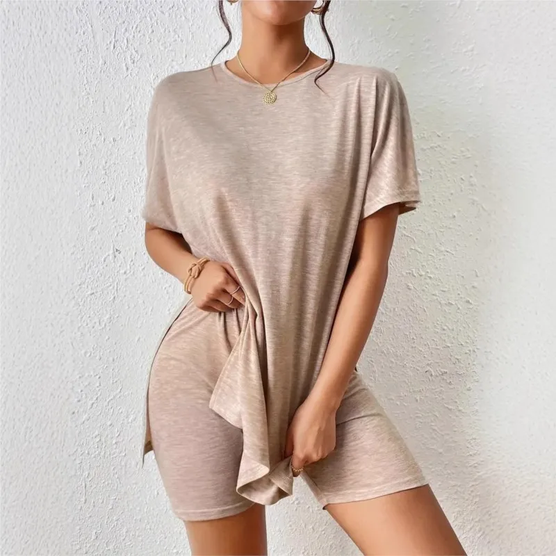 

2025 Solid Color Comfortable Loose Irregular Top Two-piece Set Bat Short Sleeved Round Neck T-shirt And Tight Shorts Women's Set