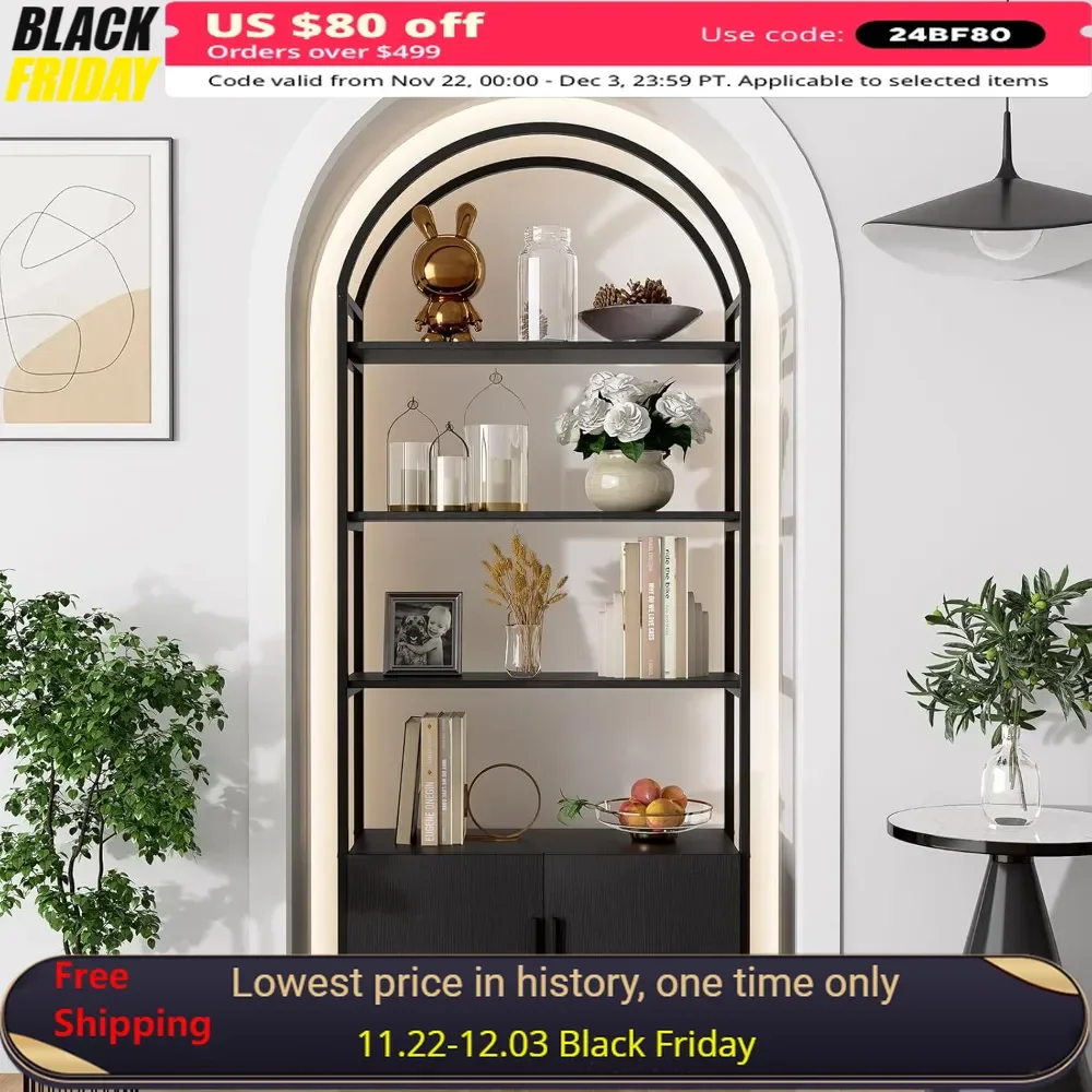 71 Inches Tall Display Cabinet with Doors, Sturdy Metal Frame, E1 Quality Boards, Freestanding Arched Storage Display Cabinet