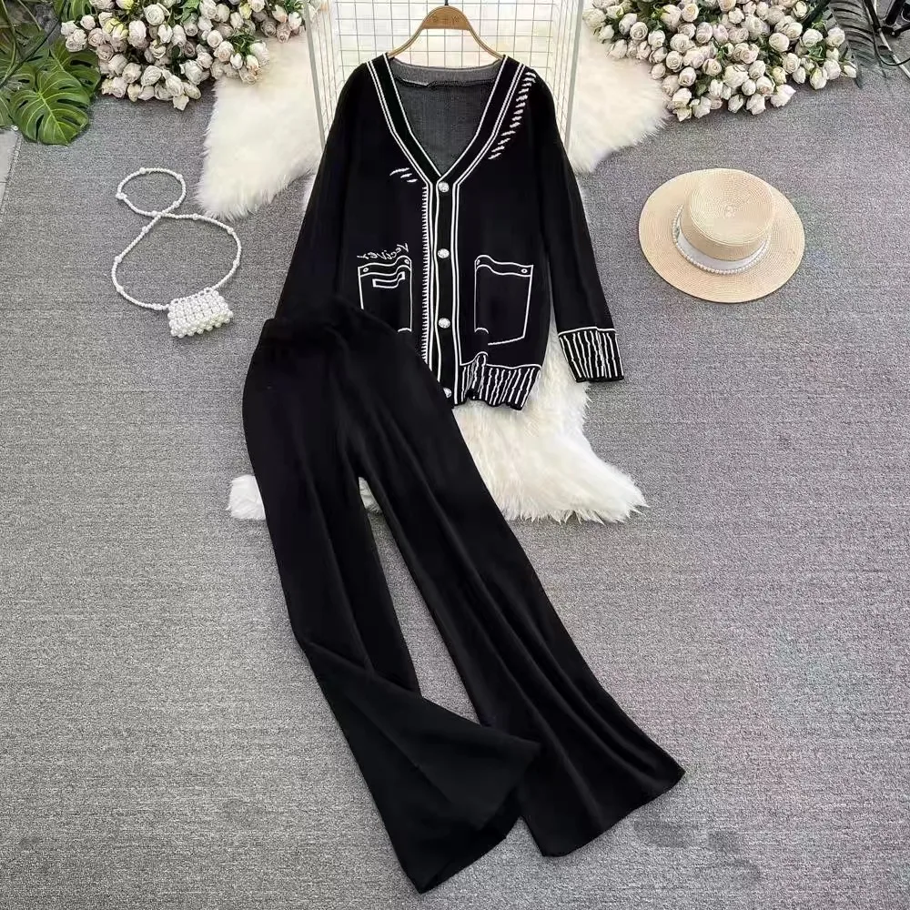 Women Chic Retro Two Sets lool sleeve v neck basics knit sweet High Waitst Wide leg pants Fashion Summer Sets