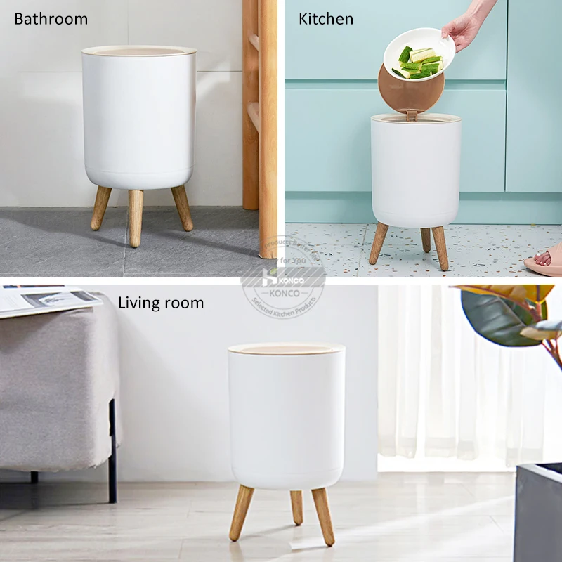 Konco High Foot Trash Can Plastic Desktop Press Cover Dustbin  Round Trash Bin Living Room Toilet Kitchen Garbage Bucket