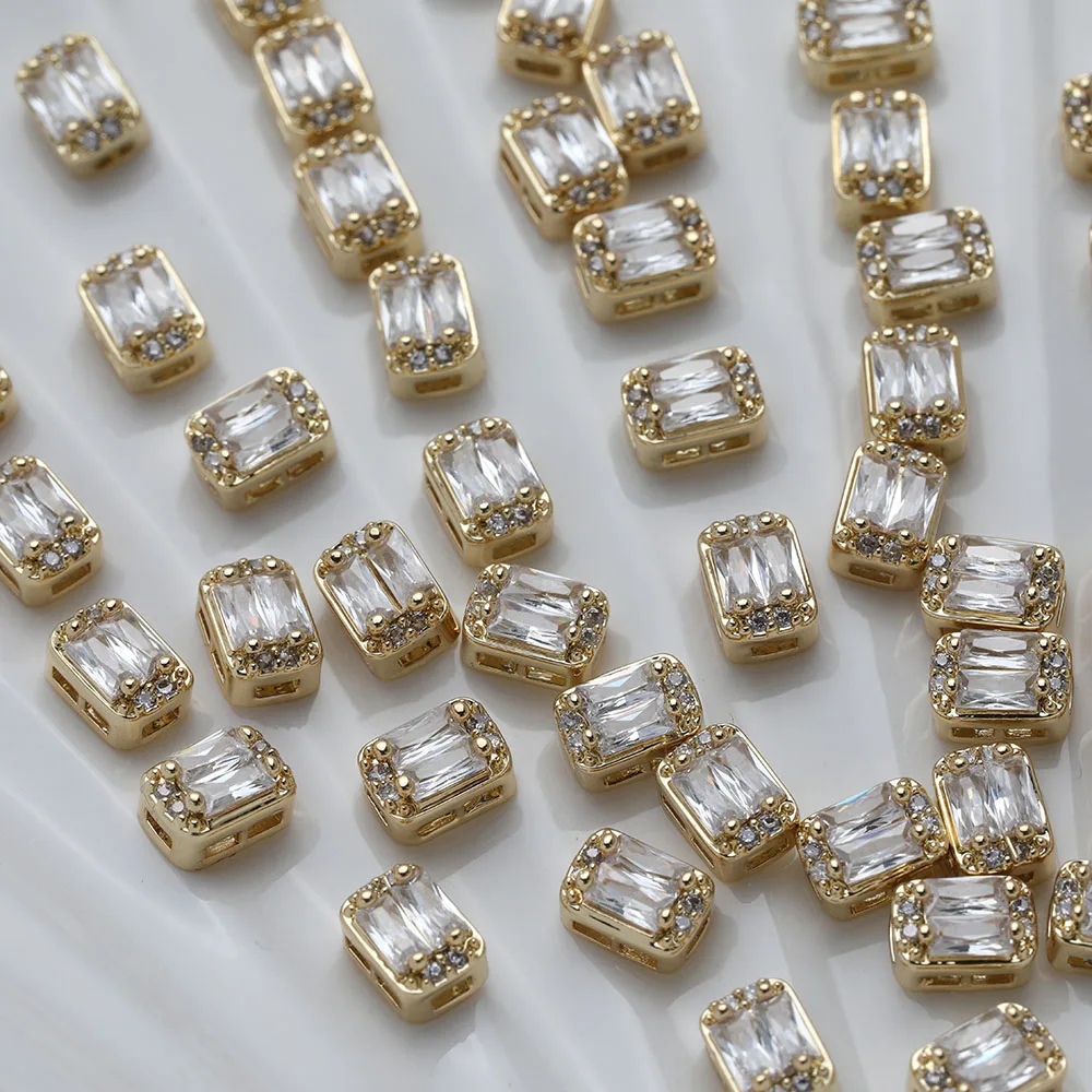 4PCS 14K Gold Plated Oval Aquare Rectangular Beads Brass Inlaid Zircon Jewelry DIY Making Supplies Accessories