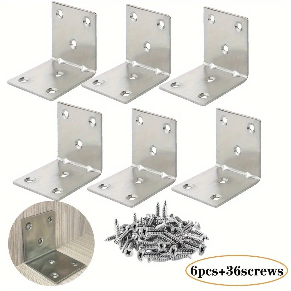 6-piece heavy-duty stainless steel L-shaped bracket, rust resistant metal corner support, suitable for furniture