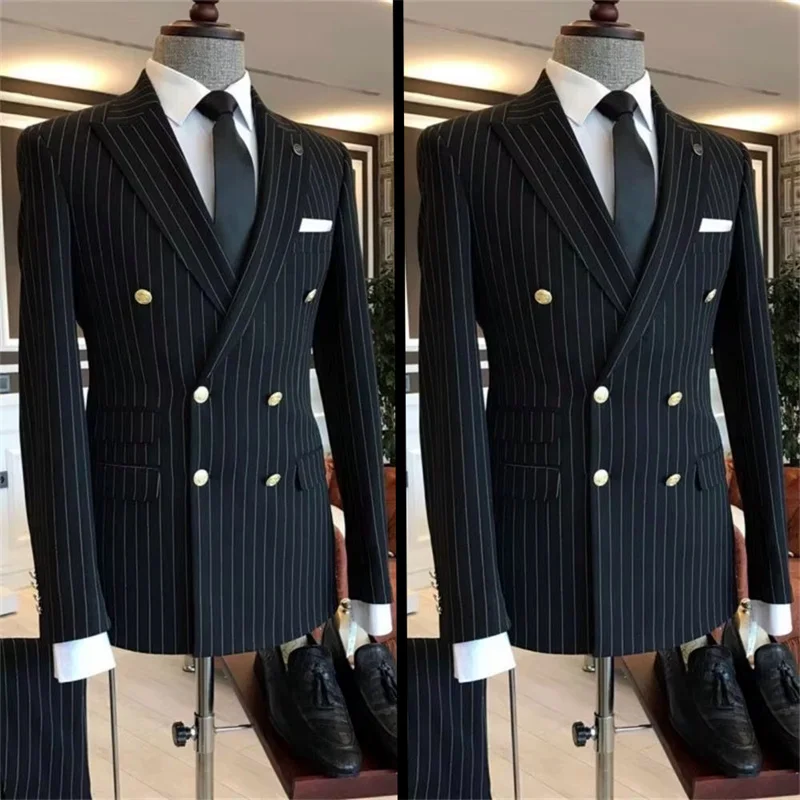 

Elegant Striped Men's Suits Double-Breasted Lapel Collar 2 Piece Set Luxury Jacket Man Pants Formal Male Blazer Trousers Clothes