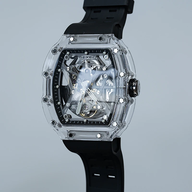Bexei relógio mecânico automático masculino, relógio vintage com movimento esqueleto de vento automático tr90, caixa transparente, luminoso 9130