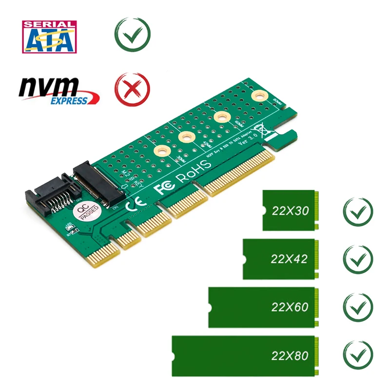 PCI Express para M.2 Adaptador SSD NGFF, SATA-Bus, B Key, Slot PCIE, dissipador de calor, Cabo SATA para 2230-2280 Tamanho, m.2 Full Speed, Raiser