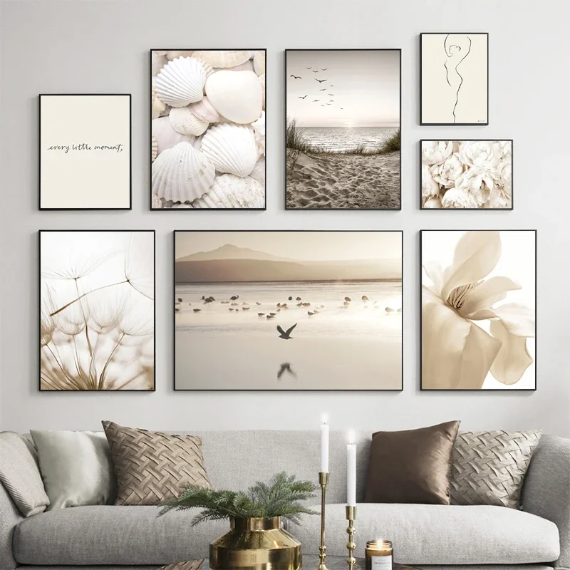 Nordic Wall Art White Shell Beach Flower Dandelion Canvas Painting  Posters and Prints Wall Pictures for Living Room Home Dec