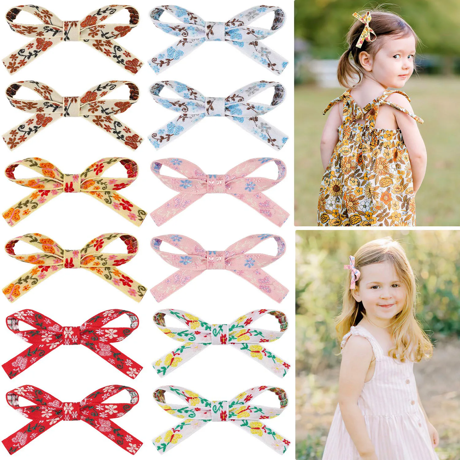 

60 PCS/Lot, 3.5“ Floral Ribbon Bow Hair Clips For Baby Girls Hair Accessories