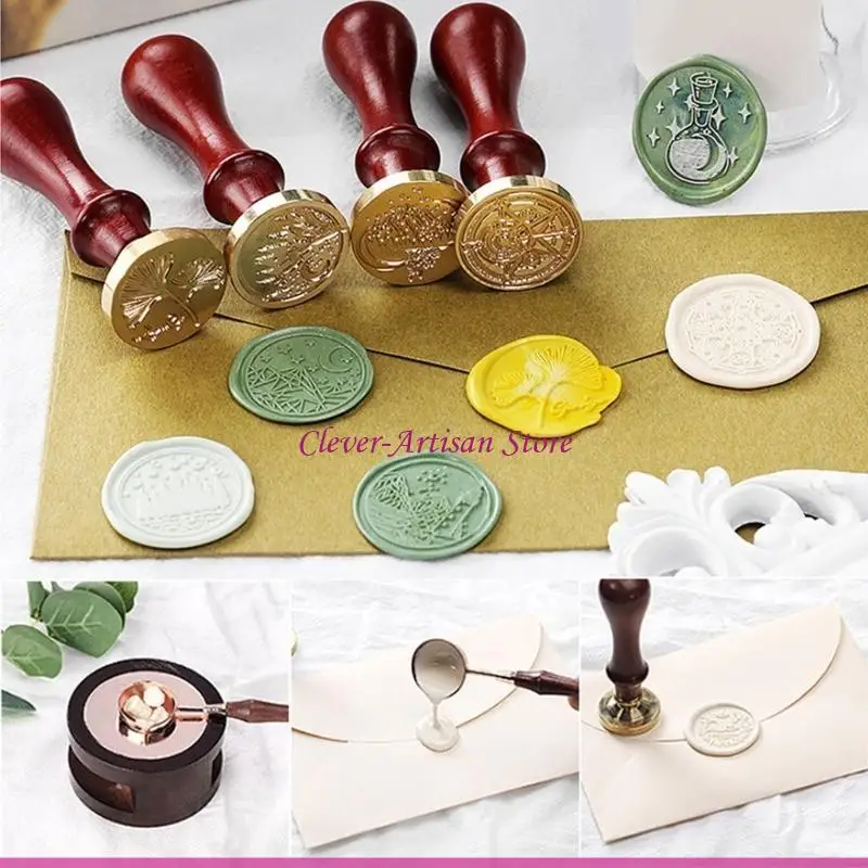 E06B 6pcs Wax Seal Stamp Heads with Wooden Handle Set Crafts for Wedding Invitation