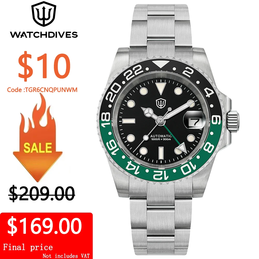 

Watchdives WD16760 V2 GMT Часы NH34 Автоматический механизм Сапфировые светящиеся часы Нержавеющая сталь 300 м Водонепроницаемые наручные часы