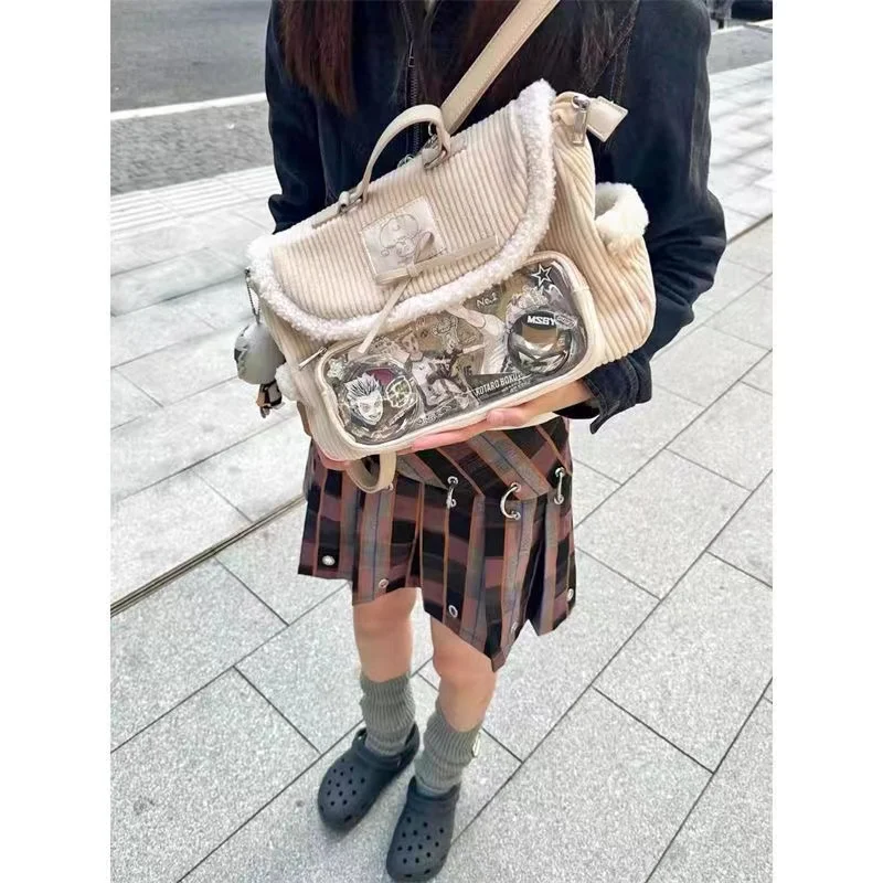 Autumn Winter New Corduroy Pain Bag  Small Cute Double Shoulder Crossbody Backpack Handheld Multi Functional Small Book Bag