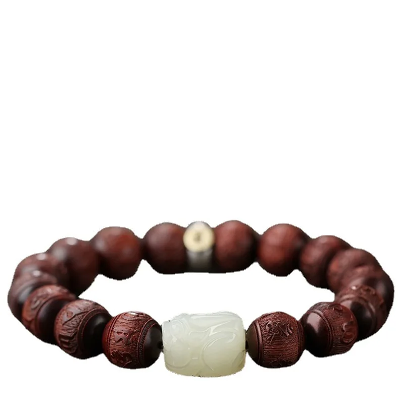 Indian lobular red sandalwood six-character mantra plate playing Buddha beads for men and women Hetian jade Pixiu beads string