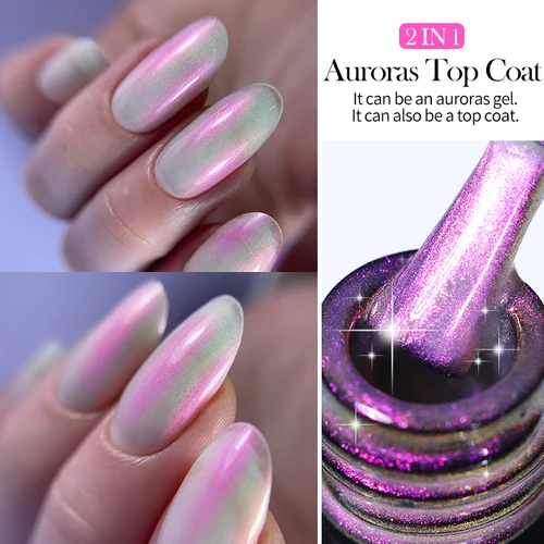 Imagen 2 del producto LILYCUTE 7ML Aurora Top Coat 2 en 1 esmalte de uñas de Gel de Color iridiscente púrpura blanco efecto perla remojo sellado UV LED manicura