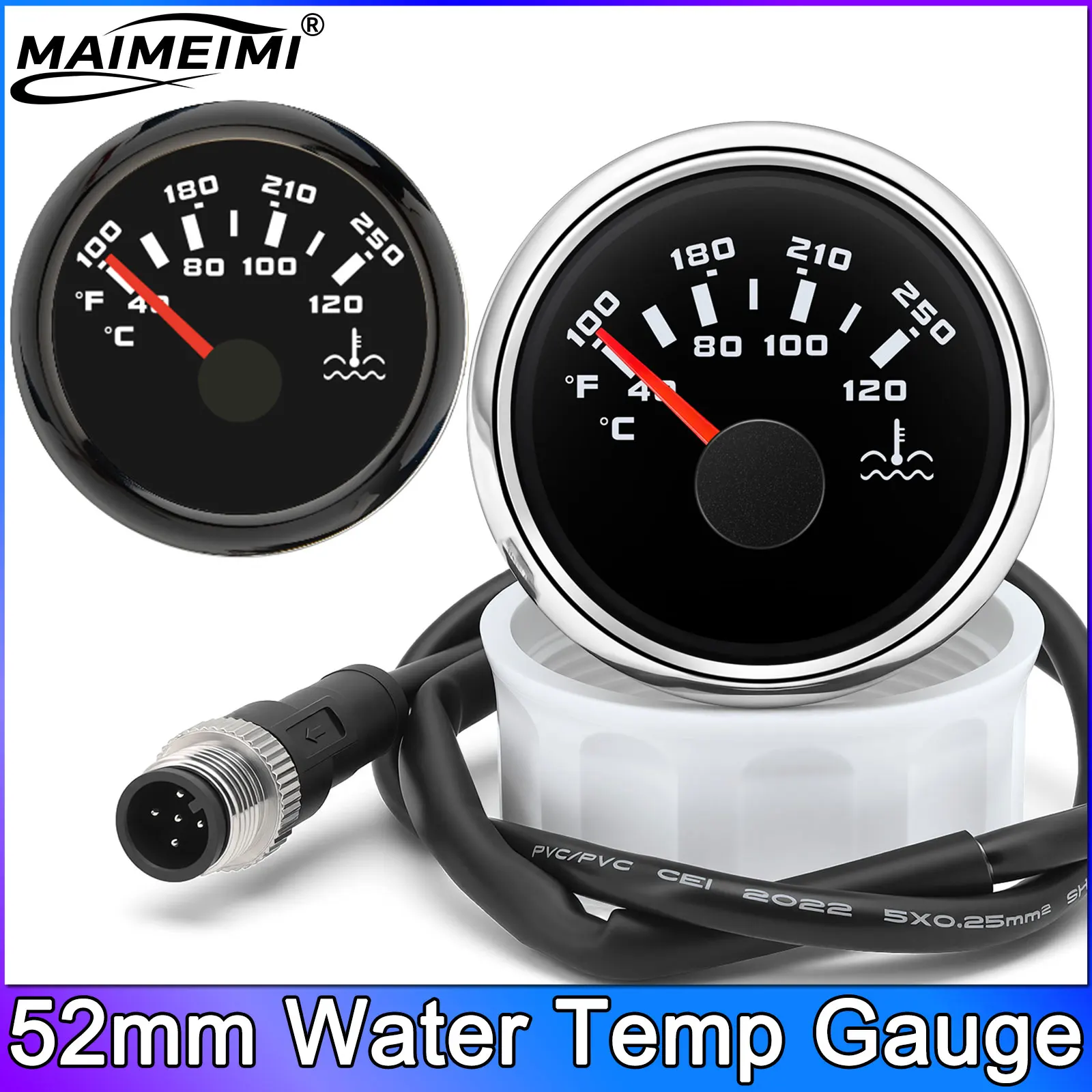 52mm Water Temp Meter NMEA2000 Signal Port STBD 40-120℃ 100-250℉ Temperature Gauge Indicator Red LED for Boat Car NMEA 2000