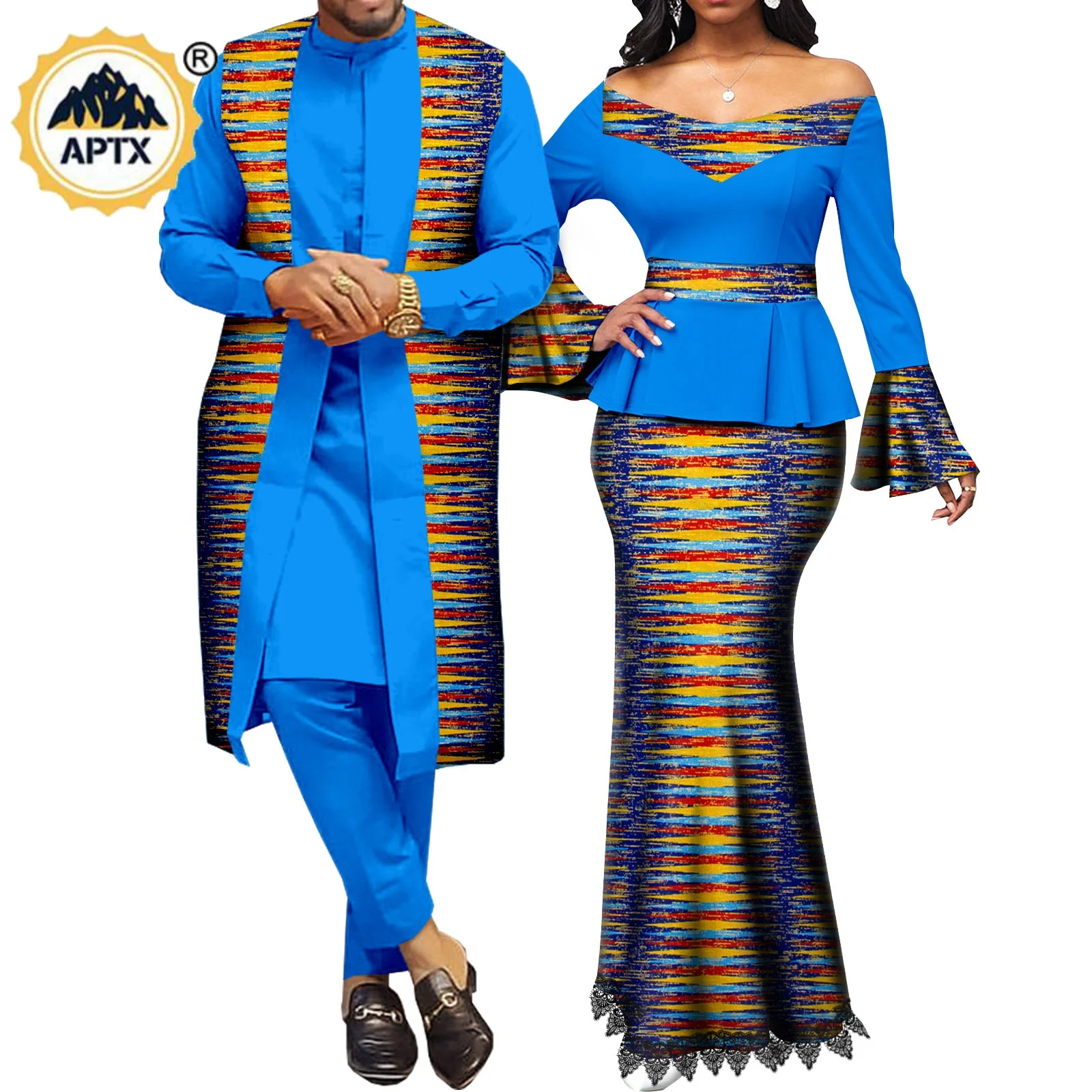 Vestiti africani per le coppie abiti coordinati Metallic Women Print Top in pizzo e gonna a sirena set Dashiki Men Outwear Y22C041
