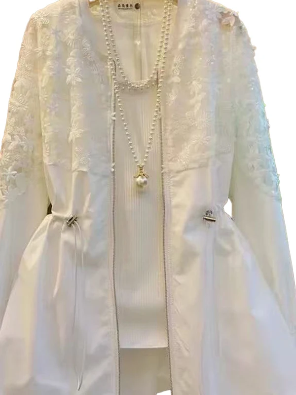 Coupe-vent épissure en dentelle pour femmes, grande taille, Protection solaire, vêtements d'extérieur, Dstring, haut ample amincissant pour printemps grande taille