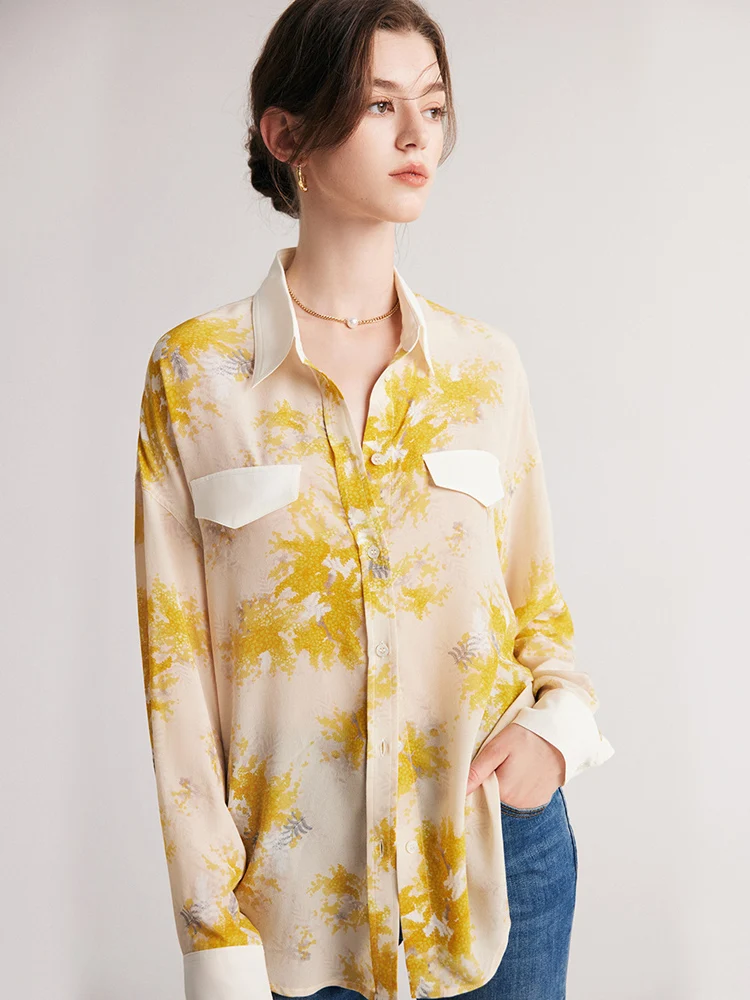 SuyaDream Women Printed Shirts 100%Pure Silk Single Drop Sleeves Chic Blouses 2023 Spring Summer Silk Top