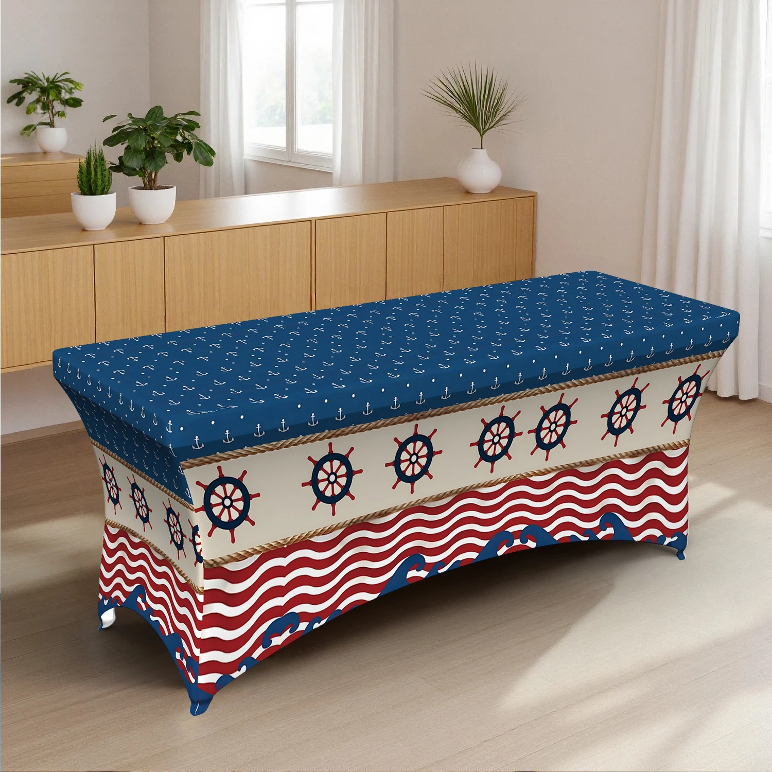 1PC Nautical Ship Wheel & Wave Printed Elastic Tablecloth, 4/6/8FT Summer Outdoor Stretchable Rectangular Tabl
