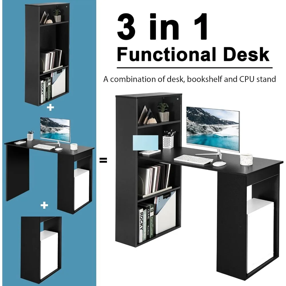 Computer Desk with Bookshelf, Writing Study Desk with Storage Shelves & CPU Stand, Modern Compact Computer Workstation