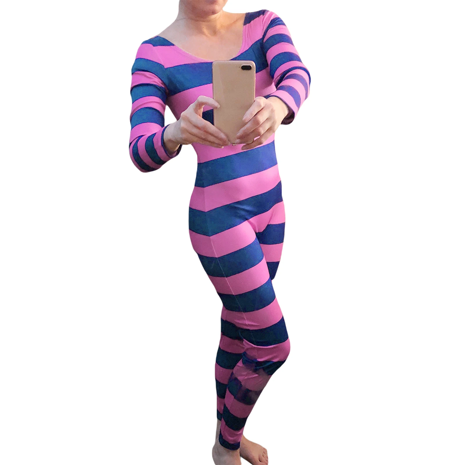 Women s Cheshire Cat Halloween Costume Pink Purple Striped Long Sleeve Jumpsuit Cosplay Outfit Party  costume