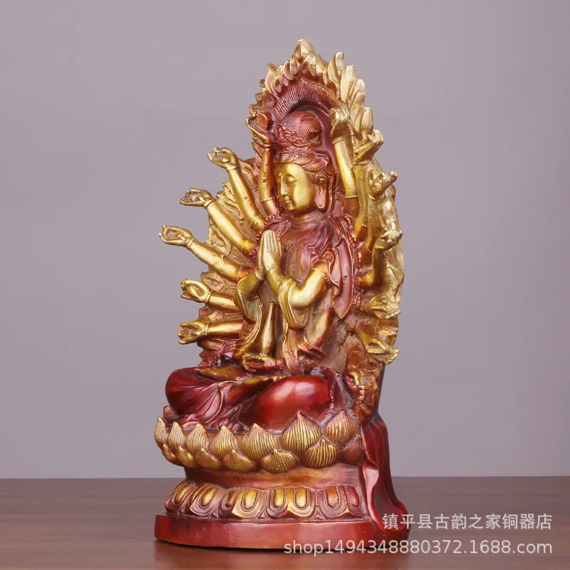 Large Bronze - Guanyin Statue for Home Worship, Full Copper Painted -Hand with Backlight, Thousand-Arm Guany