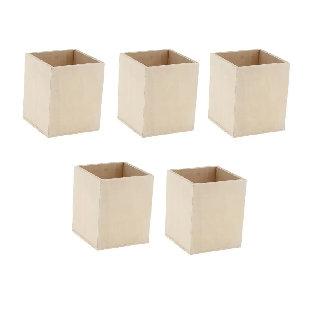 5x Unfinished Wooden Pen Container Kids Clay Toy for Crafting Creating Decor