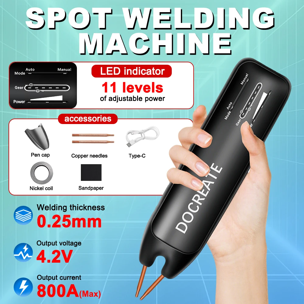 

Docreate-756 Handheld Spot Welding Machine 18650 Lithium Battery LED Indicator 0.1 - 0.25mm Nickel Sheet for DIY Touch Welding