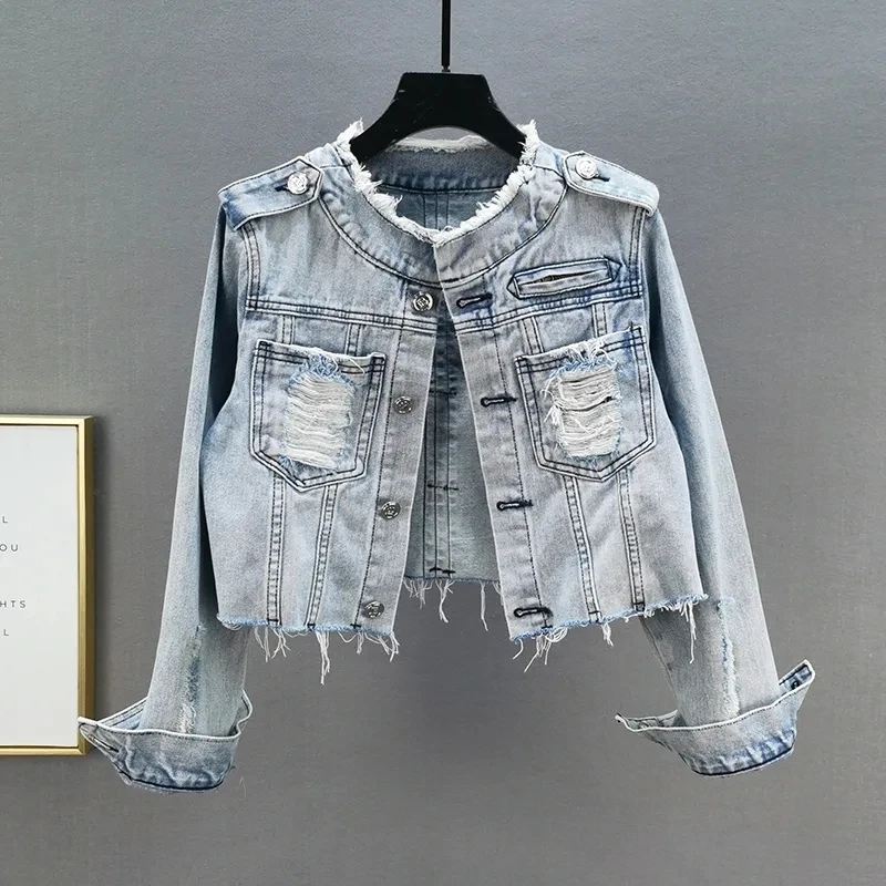 

Broken Hole Denim Short Jacket for women Spring Autumn 2025 New Trend Frayed edges Slim Single breasted Light blue top Female