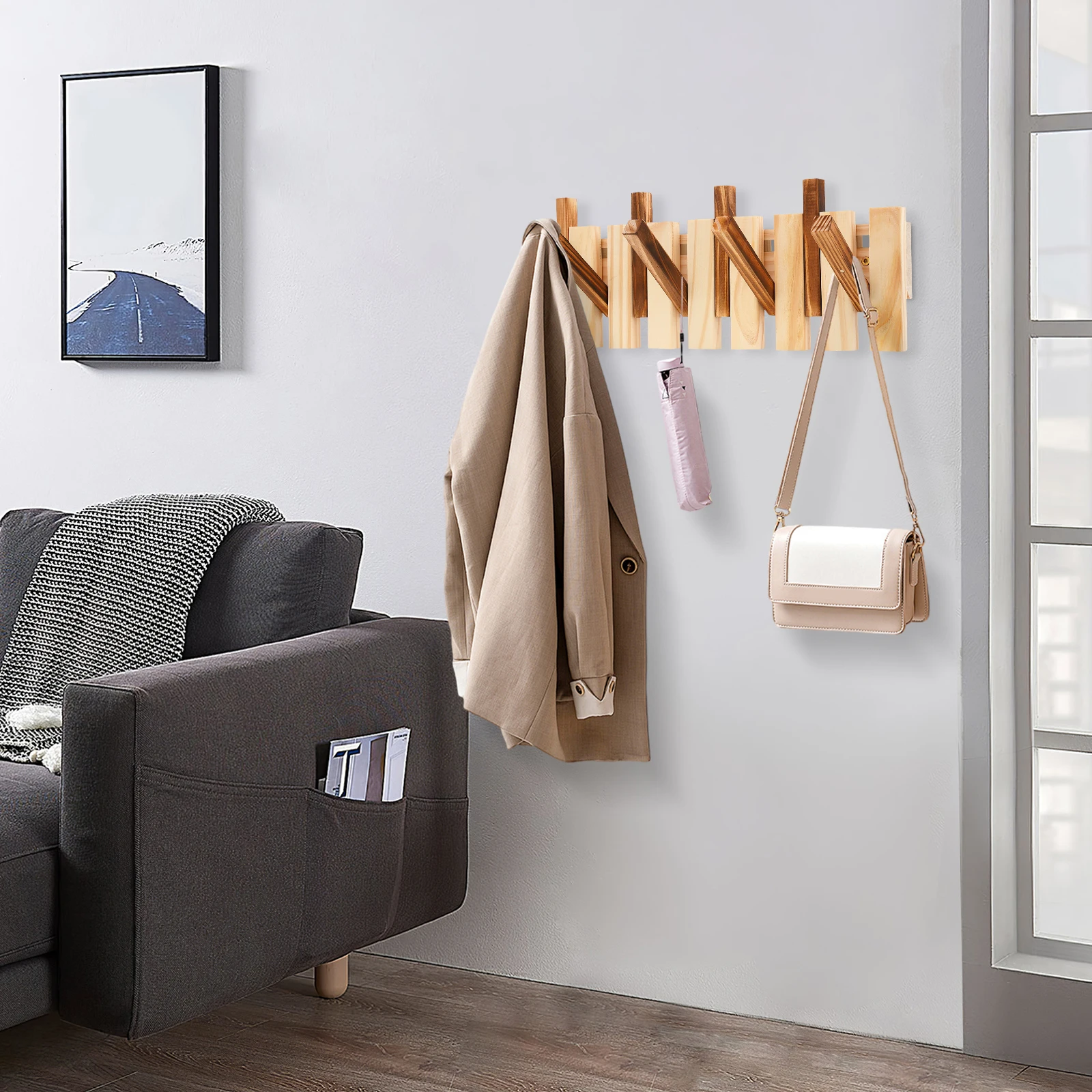 

Stylish Wall-Mounted Coat Rack, Solid Pine Wood Hanger w/ 8 Sturdy Hooks - Carbonized Finish, Modern Entryway Organizer 50x18cm