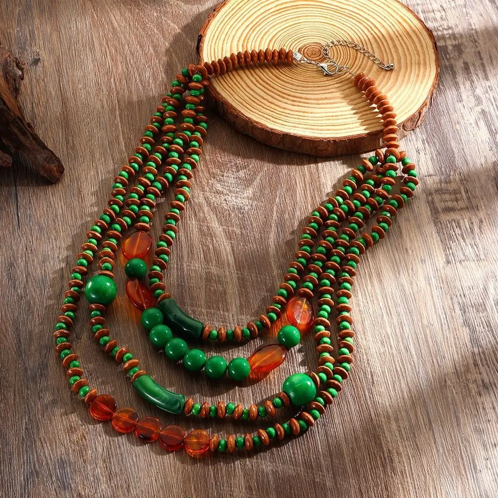 Fashion Retro Bohemian Necklace Long Rich Levels Multi Layer Necklace Brightly Colored Wooden Bead Bead Necklace Party