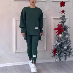 Autumn And Winter Women's Black Fashion Irregular Long Sleeved Letter Printed Round Neck Sweatshirt And Leggings 2-piece Set