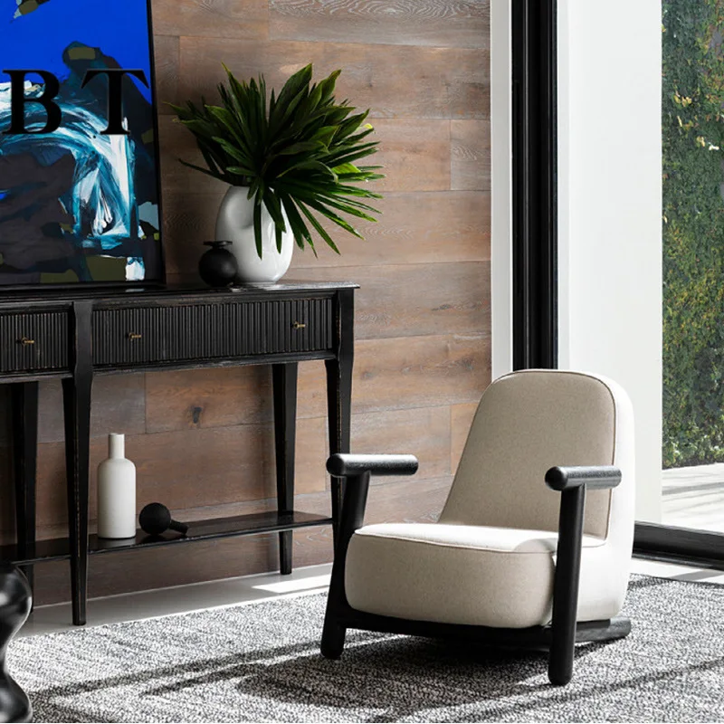 White wax solid wood thousand bird grid fabric leisure chair single sofa, minimalist and light luxury