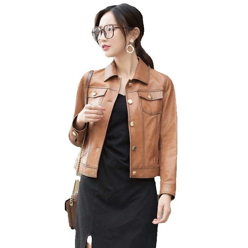 

Spring New Sheepskin Genuine Leather Coat Women's Short Fit Motorcycle Casual Leather Jacket Women's Coat