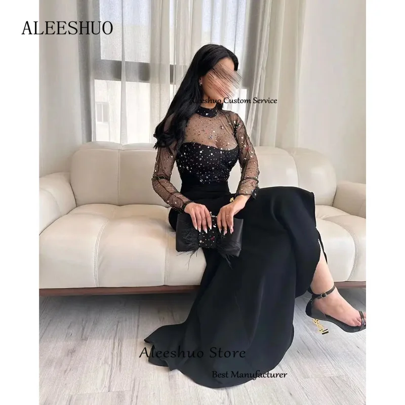 Aleeshuo-vestido de fiesta de sirena de Arabia Saudita, vestido de noche Formal con cuentas de cristal, ilusión de cuello redondo, longitud hasta el tobillo, 2024