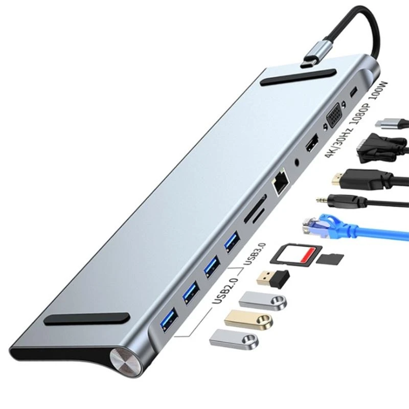 LX0B Upgrade Fast Type C HUB Rj45 USB3.0 Type-C Rj45 100M VGA 3.5 TF Reader Docking Station 11-in-1