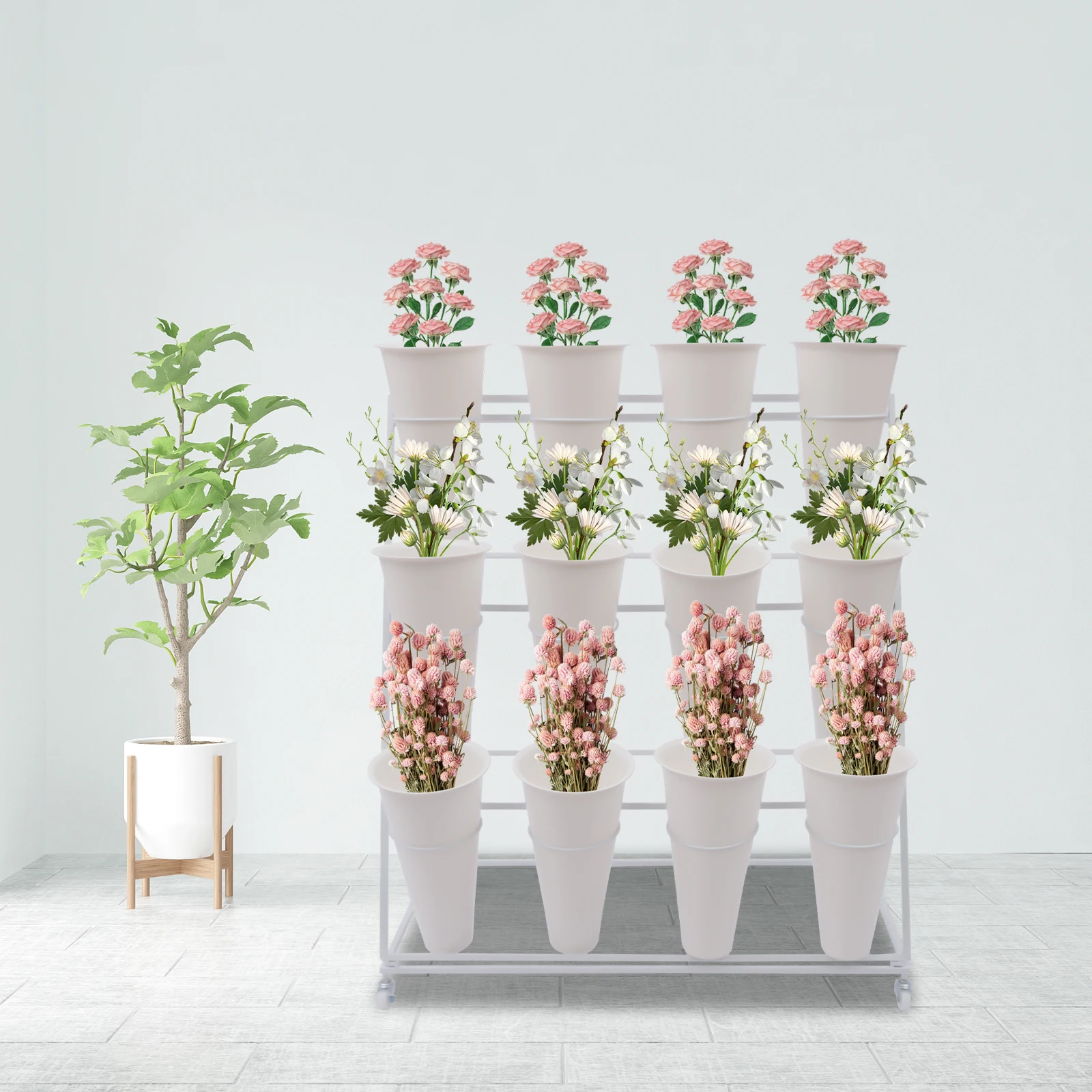 3 Tier Flower Display Stand with 12PCS Buckets w/ Wheels Heavy Duty Moving Plant Cart Flower Bucket Stand