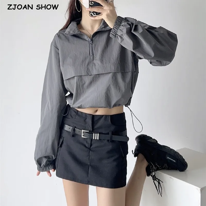 2023 Autumn Harajuku Zipper Lapel Pullovers Sweatshirt Women Drawstring Rope Hem Cropped Short Casual Jumper Short Sweats Gray