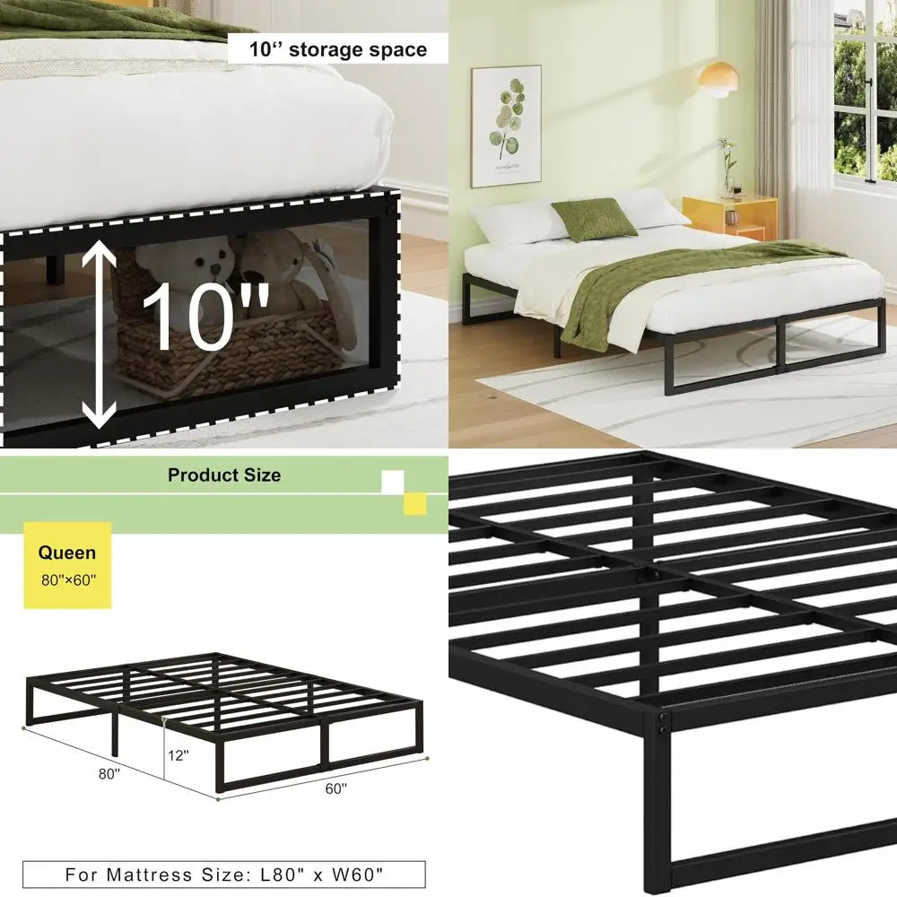 

12 Queen Metal Bed Frame with Steel Slats - No Box Spring Needed, Heavy Duty, Easy Assembly, Black