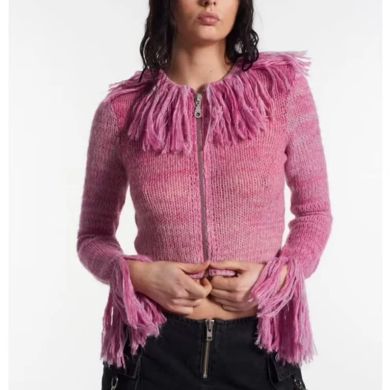 Casual Sle Mixed Fiber Tassel Collar Zipper ort Sve Women's Sweater Bell Sve Outerwear Top Sweet Cool Autumn Winter