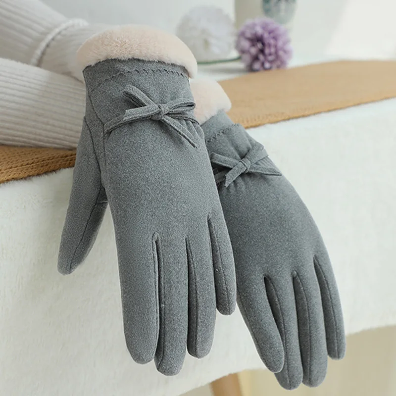 Autumn and Winter Fashion Versatile Gloves for Women Elegant Bow Thickened Warm Touch Screen Windproof Cycling Ski Gloves