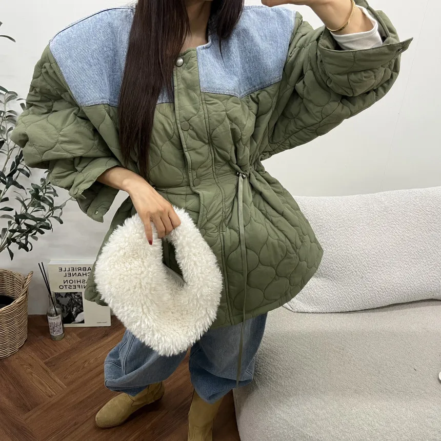 

Женское шикарное зимнее джинсовое пальто в Корейском стиле в стиле пэчворк, длинное хлопковое пальто све, свободная верхняя одежда средней длины