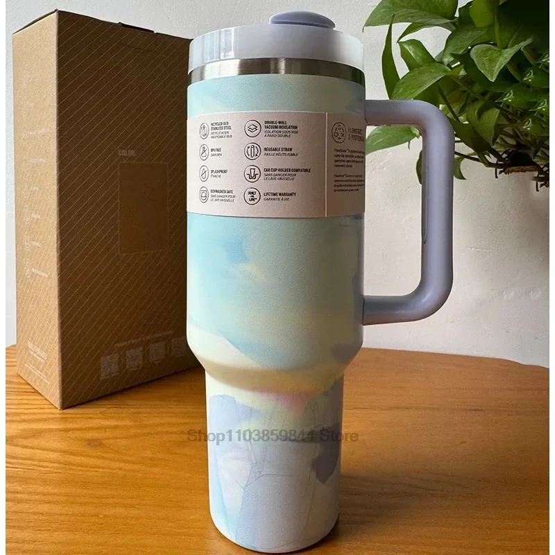 Handle Straw 40oz Vacuum Insulated Car Mug Star Blue Lid Stainless Steel Double Wall Thermal Iced Travel Cup for  s