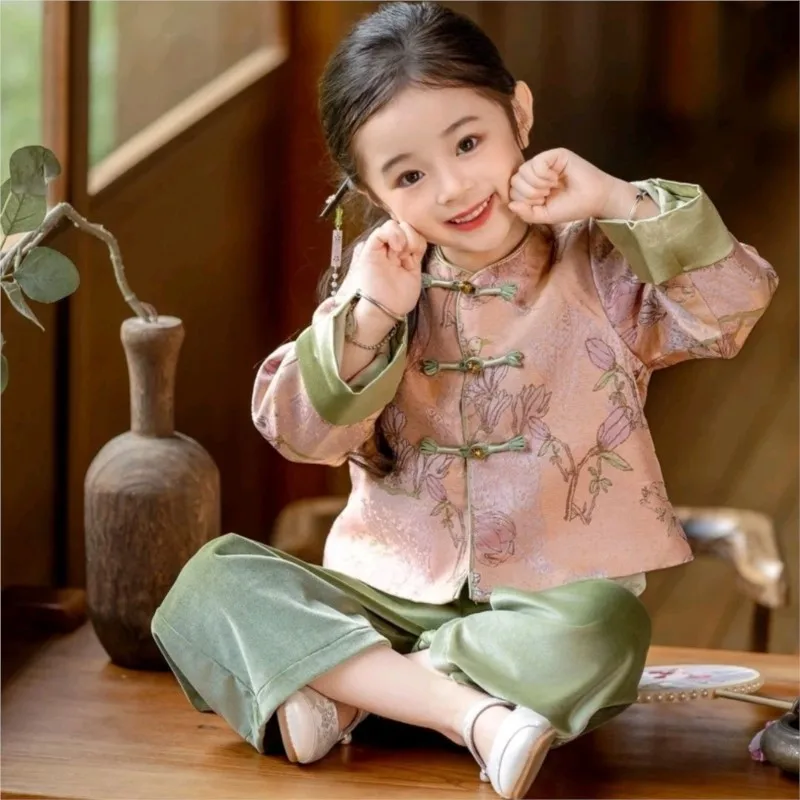 

2026 New Chinese Autumn Girls' Top Pants 2-piece Set Creative Children's New Chinese Style Retro Ancient Tang clothing Set LI641