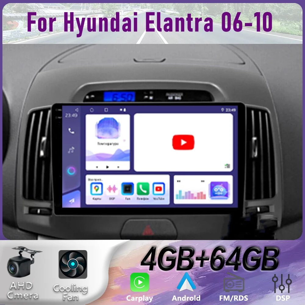 GPS 9“ For Hyundai Elantra 06-10  Wireless CarPlay Android 15 Car Radio WIFI Multimedia Player Head Google Camera 4GB+64GB